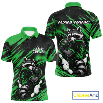 Custom short-sleeve polo shirt shown from the front and back, featuring a raccoon bowling graphic in green, black, white, and gray, with customizable text fields 'TEAM NAME' and 'YOUR NAME'.