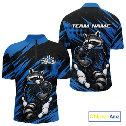 Custom short-sleeve quarter-zip athletic shirt shown from the front and back, featuring a raccoon mascot wearing bowling attire on a black and blue abstract background. 