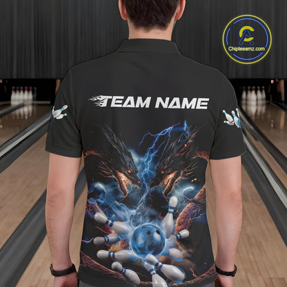 Custom Blue Lightning Flame Dragons Bowling Men Polo Shirt, Fire Dragon Bowling Jerseys IPHW9815
