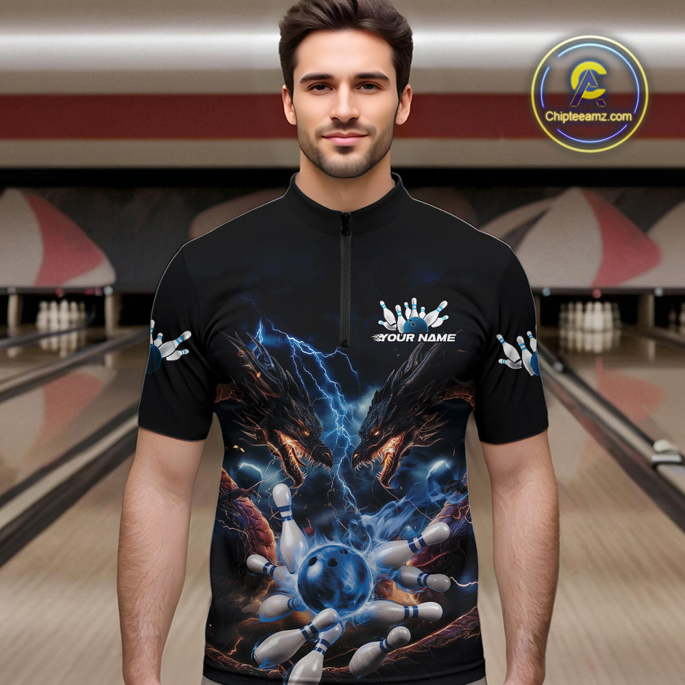 Custom Blue Lightning Flame Dragons Bowling Men Quarter-Zip Shirt, Fire Dragon Bowling Jerseys IPHW9815