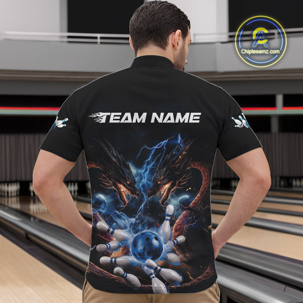 Custom Blue Lightning Flame Dragons Bowling Men Quarter-Zip Shirt, Fire Dragon Bowling Jerseys IPHW9815