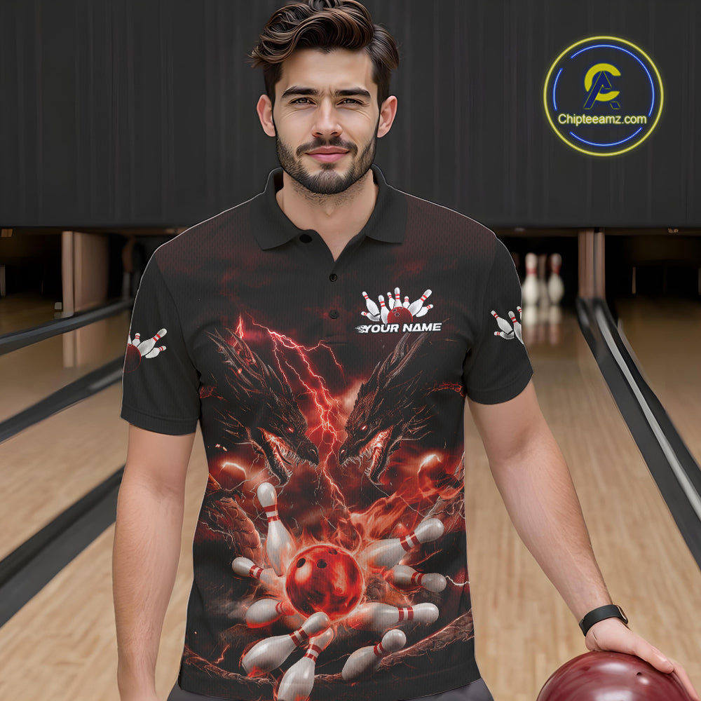 Custom Red Lightning Flame Dragons Bowling Men Polo Shirt, Fire Dragon Bowling Jerseys IPHW9816