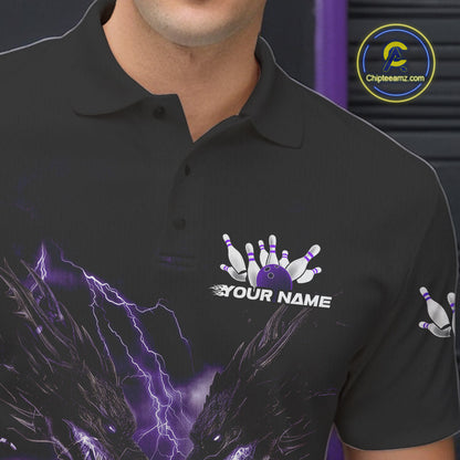 Custom Purple Lightning Flame Dragons Bowling Men Polo Shirt, Fire Dragon Bowling Jerseys IPHW9817