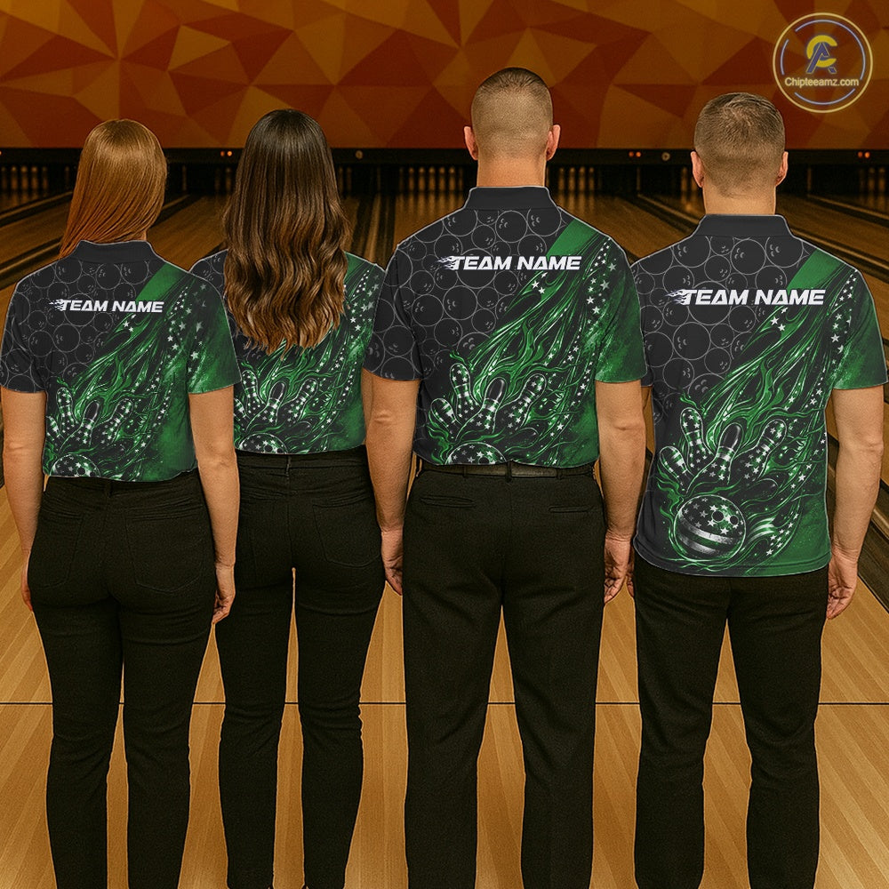 Custom Patriotic Green Flame Bowling Shirts, US Flag Bowling Team Jerseys Freedom 4Th Of July Bowling Shirt IPHW10431