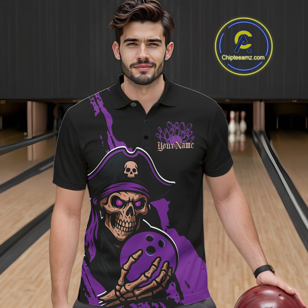 Custom Black And Purple Pirate Bowling Men Polo Shirt, Pirate Bowling Team Jerseys IPHW10708