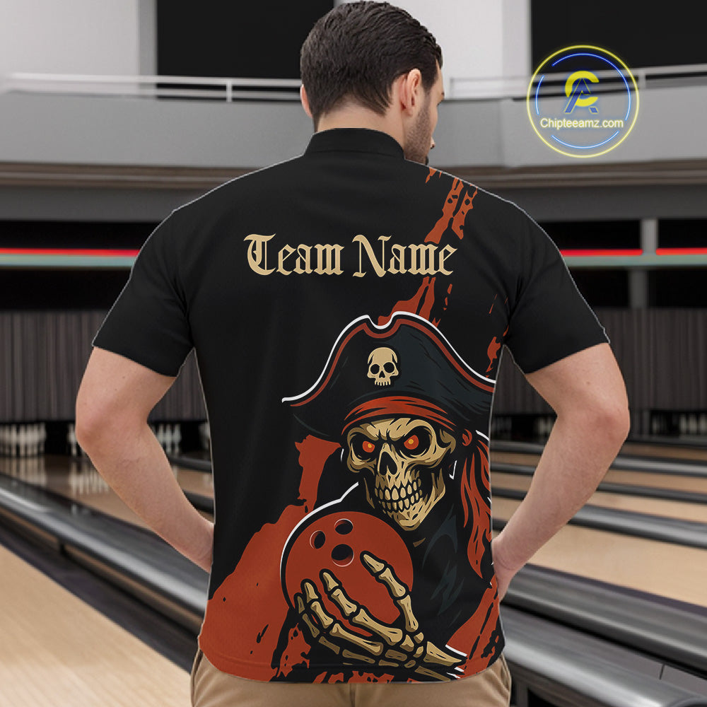Custom Black And Orange Pirate Bowling Men Quarter-Zip Shirt, Pirate Bowling Team Jerseys IPHW10709