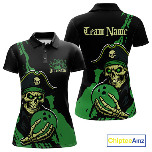 Custom Black And Green Pirate Bowling Women Polo Shirt, Pirate Bowling Team Jerseys IPHW10711