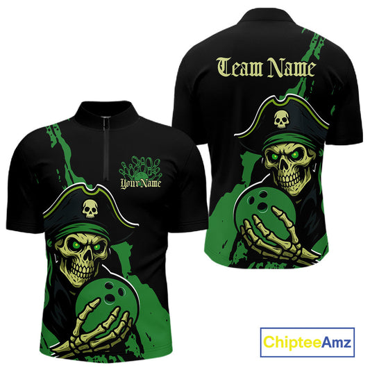 Custom Black And Green Pirate Bowling Men Quarter-Zip Shirt, Pirate Bowling Team Jerseys IPHW10711