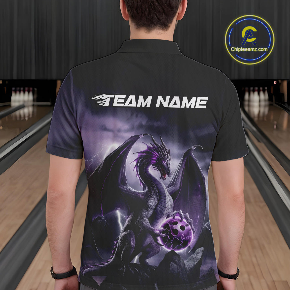 Custom Black And Purple Thunder Lightning Dragon Bowling Men Polo Shirts, Team Outfit IPHW9098