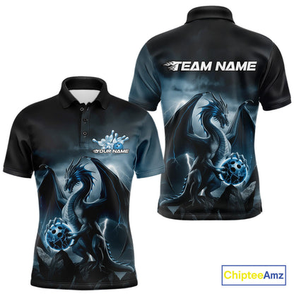 Custom Black And Blue Thunder Lightning Dragon Bowling Men Polo Shirts, Team Outfit IPHW9099