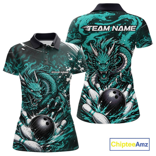 Teal dragon-themed polo shirt with customizable text on a white background