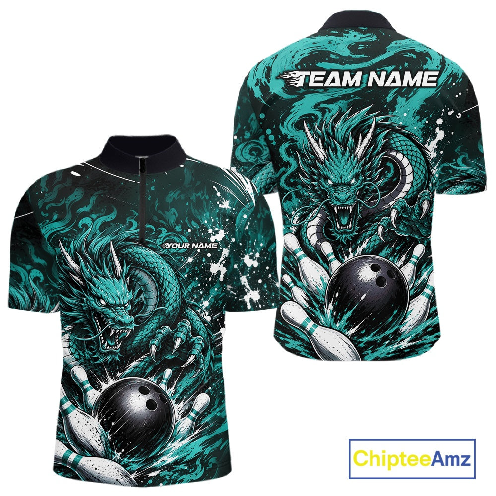 Teal dragon-themed bowling shirt with customizable text on a white background