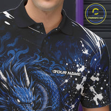 Load image into Gallery viewer, Black polo shirt with blue dragon design and 'Your Name' text, brand logo visible.