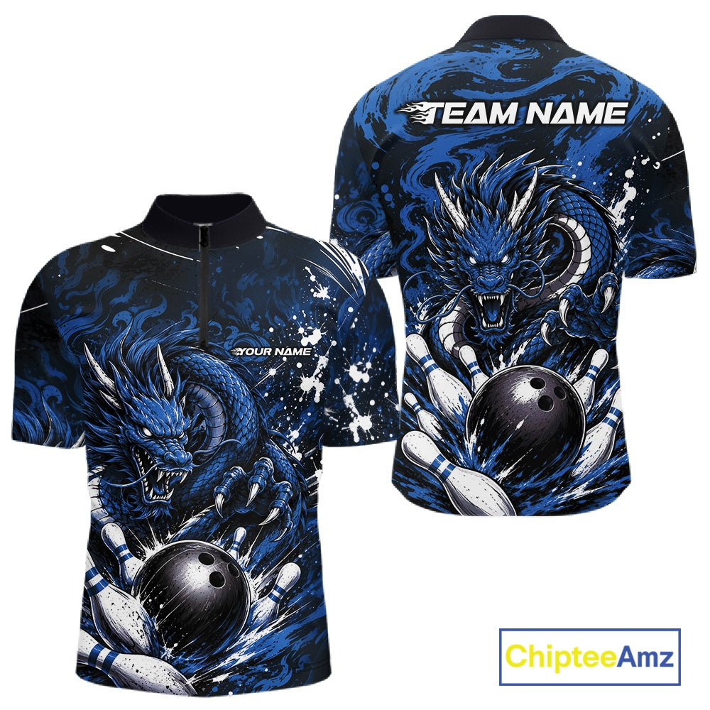 Blue dragon-themed bowling shirt with customizable text on a white background