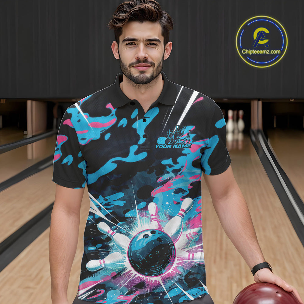 Custom Blue And Pink Camo Bowling Polo Shirts For Men, Camouflage Bowling Team Outfit IPHW9832