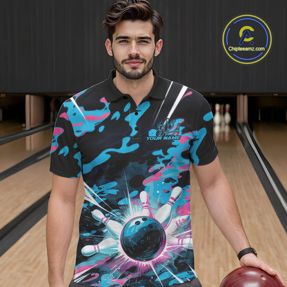 Custom Blue And Pink Camo Bowling Polo Shirts For Men, Camouflage Bowling Team Outfit IPHW9832