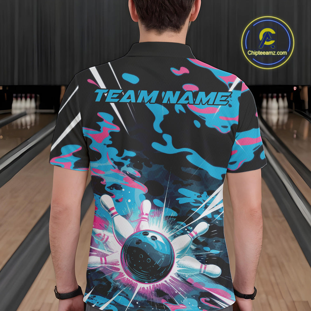 Custom Blue And Pink Camo Bowling Polo Shirts For Men, Camouflage Bowling Team Outfit IPHW9832