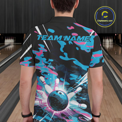 Custom Blue And Pink Camo Bowling Polo Shirts For Men, Camouflage Bowling Team Outfit IPHW9832