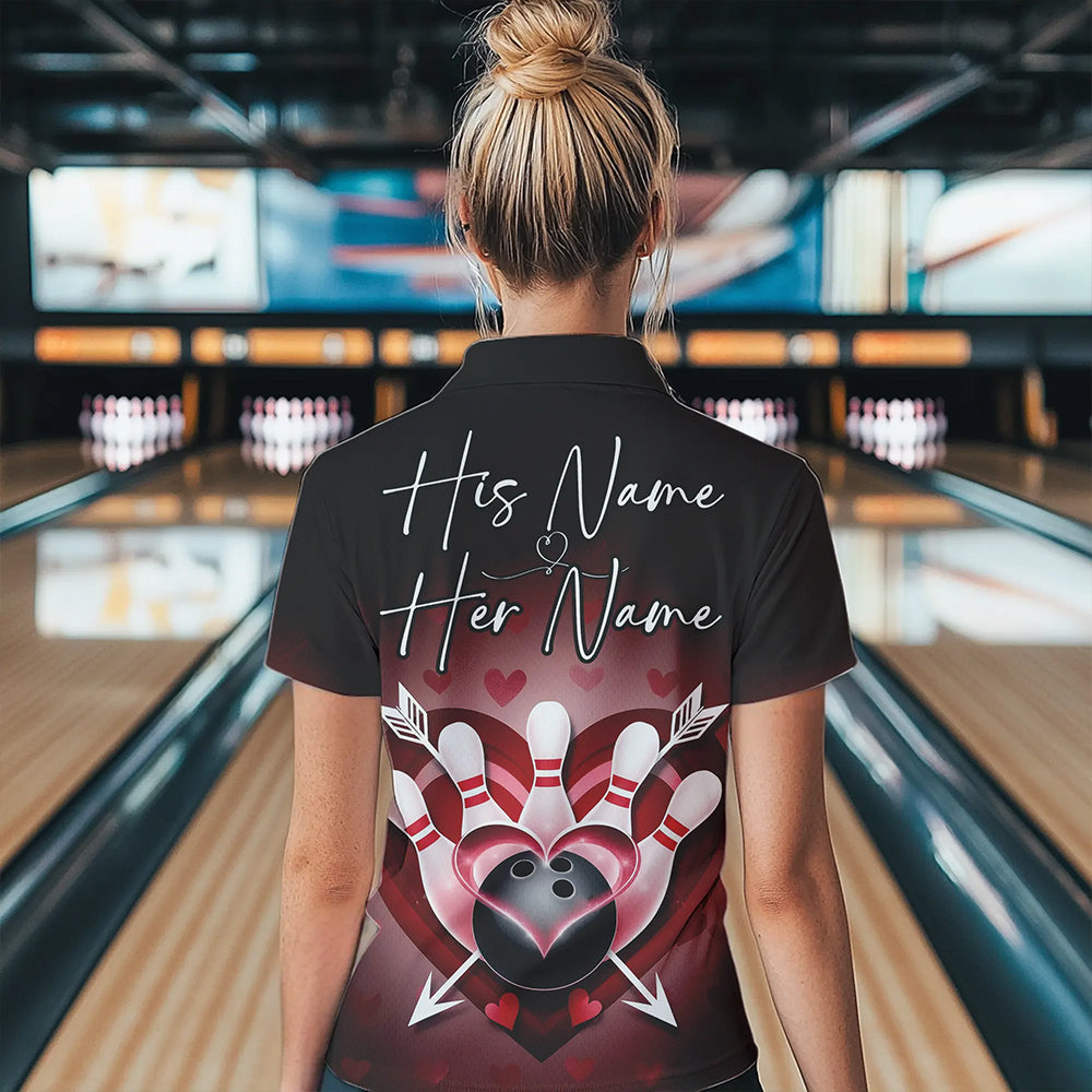 Custom Valentine Bowling Heart And Arrow Polo Shirts For Women, Couple Bowling Outfits IPHW8368