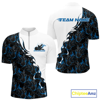 Mens quarter zip bowling shirt mockup featuring white shirt with blue and black flame bowling pattern in a clean front and back presentation