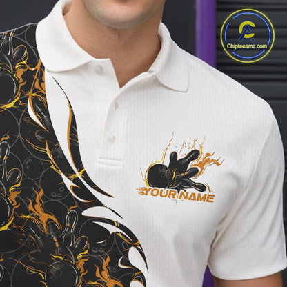 Close-up view of the left chest of a white bowling polo shirt featuring yellow and black flame bowling pattern with detailed athletic design.