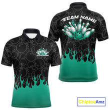 Load image into Gallery viewer, Custom Turquoise Green Flame Bowling Team Jerseys, Men Polo Bowling Tournament Shirt IPHW11276