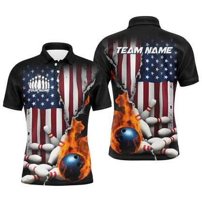 Flaming Bowling Ball Custom Patriotic Bowling Team Shirts For Men, US Flag Bowling League Shirt IPHW7725