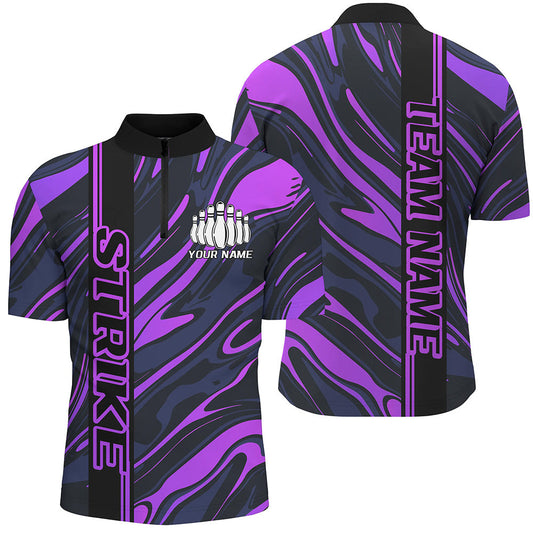 Custom Purple Camo Strike Bowling Quarter-Zip Shirts For Men, Striking Bowling Team Uniform IPHW8138