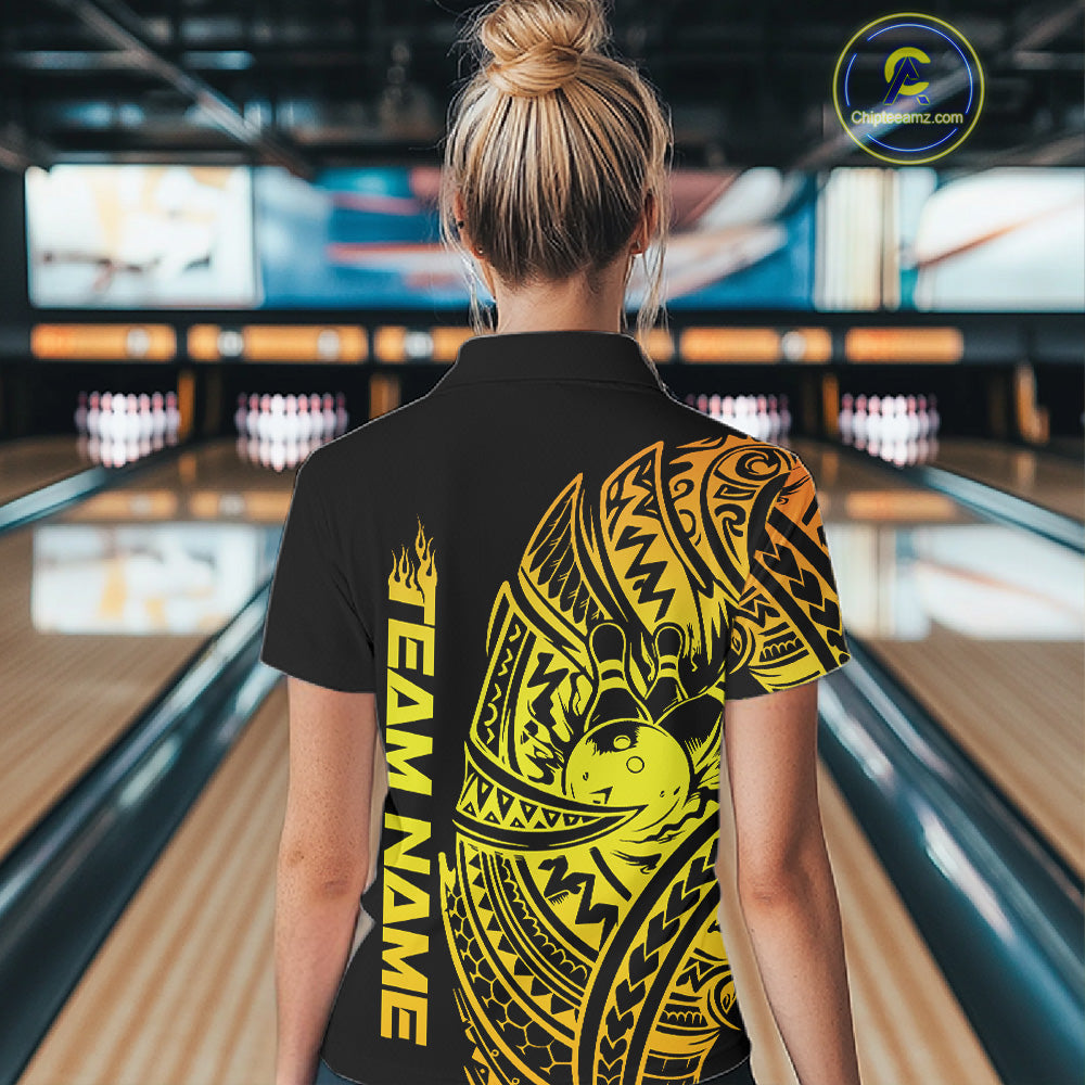 Back view of a female model in a black and gold bowling quarter-zip shirt featuring tribal swirl bowling motifs.
