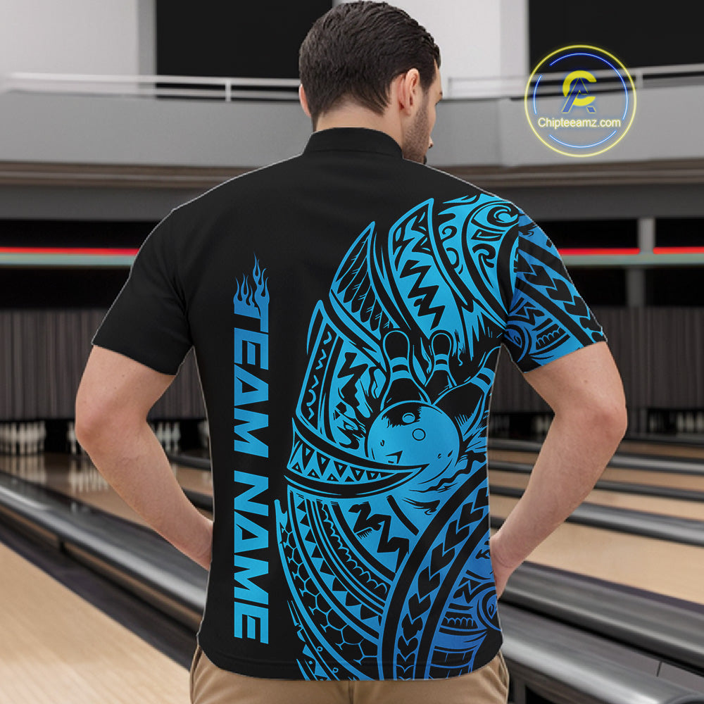 Front view of a male model in a black and blue bowling quarter-zip shirt featuring tribal bowling artwork and swirl accents.