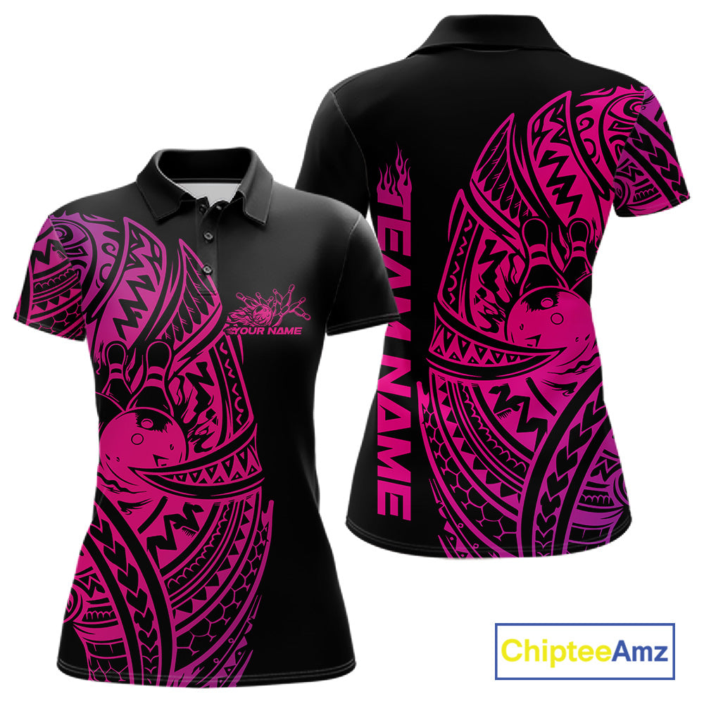 Front and back views of a black and pink womens bowling polo shirt featuring bowling pins and a ball framed by bold tribal swirls.