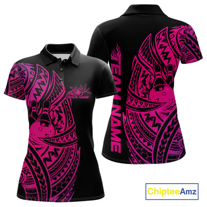 Front and back views of a black and pink womens bowling polo shirt featuring bowling pins and a ball framed by bold tribal swirls.