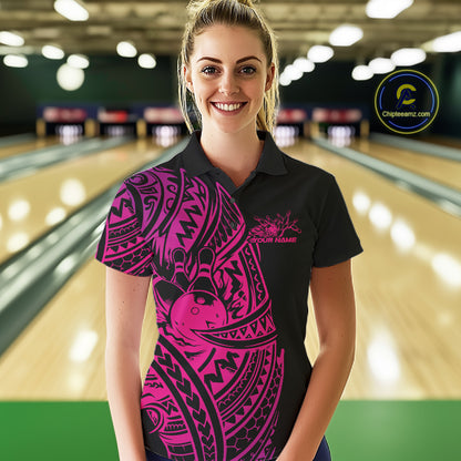 Female model wearing a black and pink bowling polo shirt at the bowling lane with Polynesian-inspired bowling graphics.