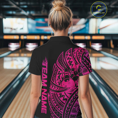 Back view of a female model in a black and pink bowling polo shirt displaying bold tribal swirl bowling artwork.