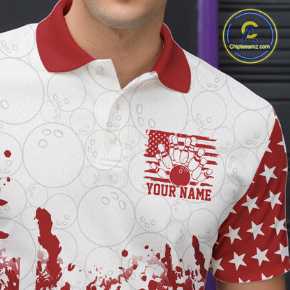 White polo shirt with red and white star pattern, bowling design, and 'Your Name' text.