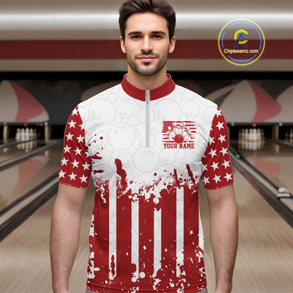Custom Red American Flag Patriotic Bowling Men Quarter-Zip Shirt front view