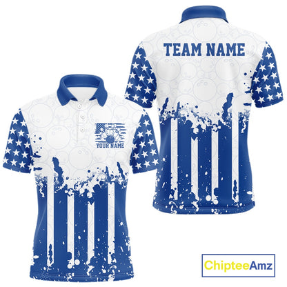White and blue polo shirt with American flag design and customizable text, featuring Chiptee Amz branding.