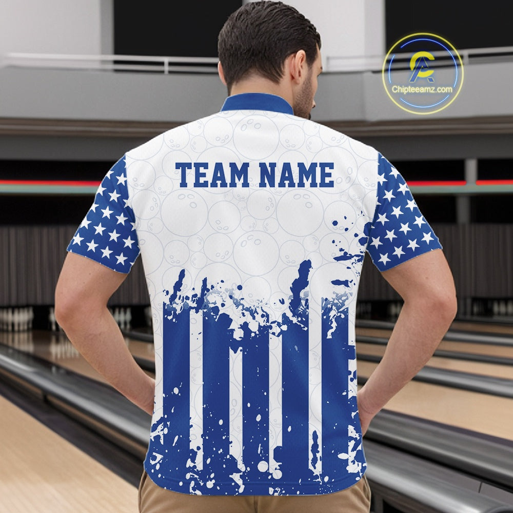 Male model showcasing the back design of a custom blue and white patriotic stars and stripes men's bowling quarter-zip shirt with a customizable "TEAM NAME" text template at a bowling alley lane.