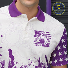 Load image into Gallery viewer, A close-up of a man wearing a custom white and purple patriotic men's bowling polo shirt featuring a distressed American flag with bowling pins and a customizable "YOUR NAME" text template on the front.