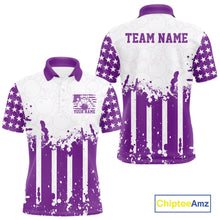 Load image into Gallery viewer, Customizable white and purple patriotic men's bowling polo shirts showing the front and back views with a distressed American flag and a "TEAM NAME" text template on a white background.