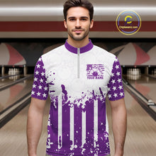 Load image into Gallery viewer, Male bowler posing on a lane wearing a personalized purple US flag performance bowling quarter-zip team shirt.