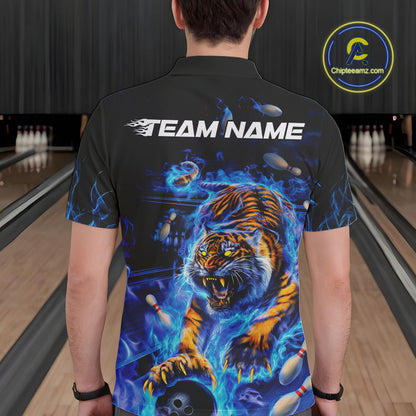 Custom Blue Fire Flame Tiger Bowling Team Polo Shirts For Men, Tiger Bowling Jerseys IPHW9481