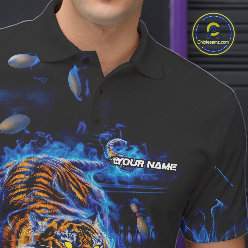 Custom Blue Fire Flame Tiger Bowling Team Polo Shirts For Men, Tiger Bowling Jerseys IPHW9481