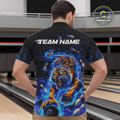 Custom Blue Fire Flame Tiger Bowling Team Quarter-Zip Shirts For Men, Tiger Bowling Jerseys IPHW9481