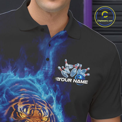 Custom Blue Fire Flame Tiger Bowling Team Polo Shirts For Men, Tiger Bowling Jerseys IPHW9483