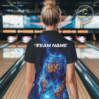 Custom Blue Fire Flame Tiger Bowling Team Polo Shirts For Women, Tiger Bowling Jerseys IPHW9483
