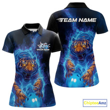 Load image into Gallery viewer, Custom Blue Fire Flame Tiger Bowling Team Polo Shirts For Women, Tiger Bowling Jerseys IPHW9483