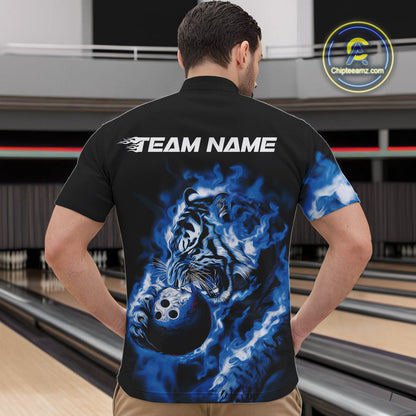 Custom Blue Fire Flame Tiger Bowling Jerseys, Bowling Team Men Quarter-Zip Shirts IPHW9487