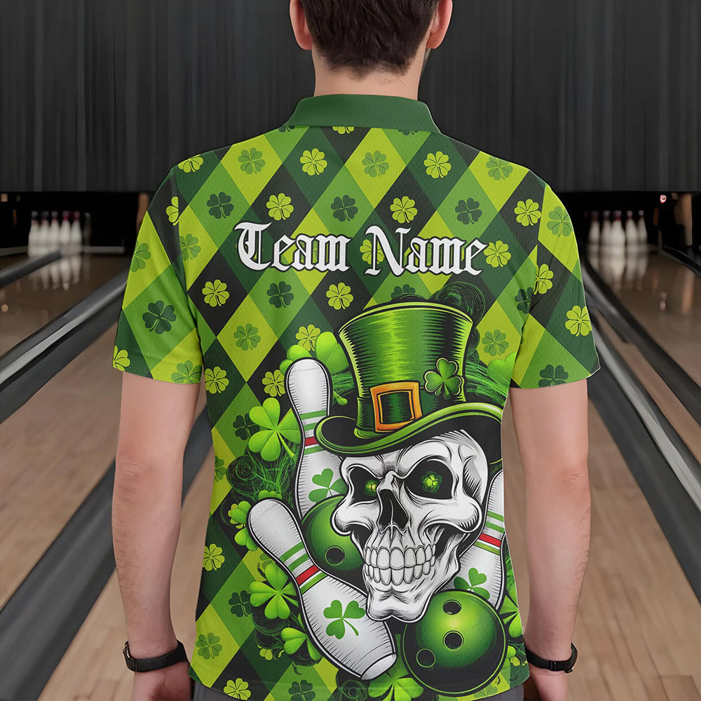 Custom St Patricks Day Skull Bowling Polo Shirts For Men, Green Shamprock Lucky Team Shirt IPHW8581