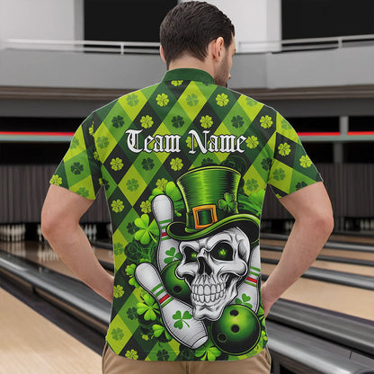 Custom St Patricks Day Skull Bowling Quarter-Zip Shirts For Men, Green Shamprock Lucky Team Shirt IPHW8581